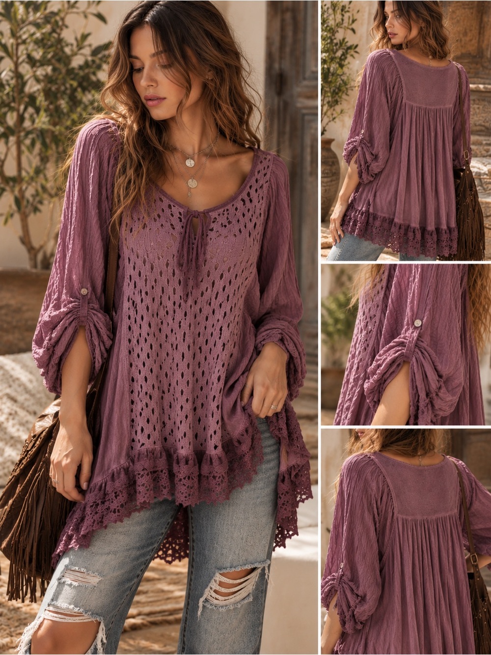 ✨ Vintage Made in Italy Boho Angora Blend Lace Trim Tunic Blouse – Mauve OS/M